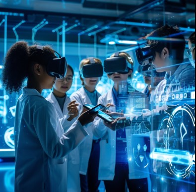 Scientists and engineers using VR headsets to explore spatial computing and next-generation human-computer interaction technologies in 2025