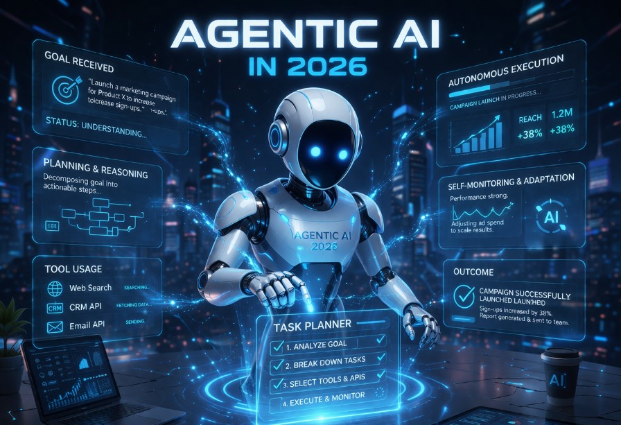 Agentic AI concept in 2026 showing autonomous AI agents performing tasks and decision making