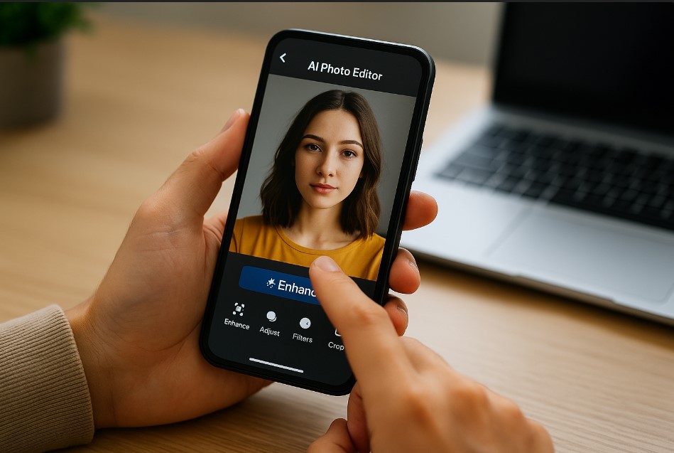 Person editing a photo using an AI-powered mobile photo editing app – Best AI Photo Editing Apps 2026