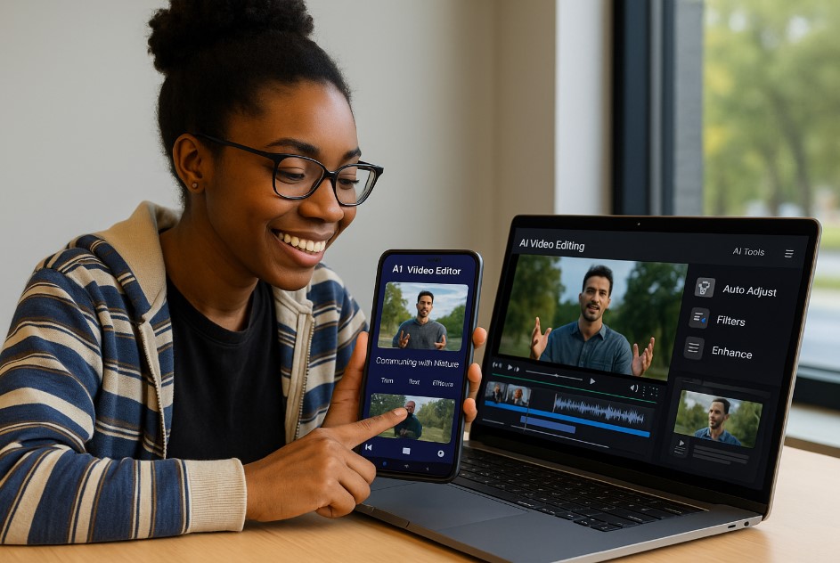 Person editing a video on a mobile AI video editor interface – Best AI Video Editing Apps 2026