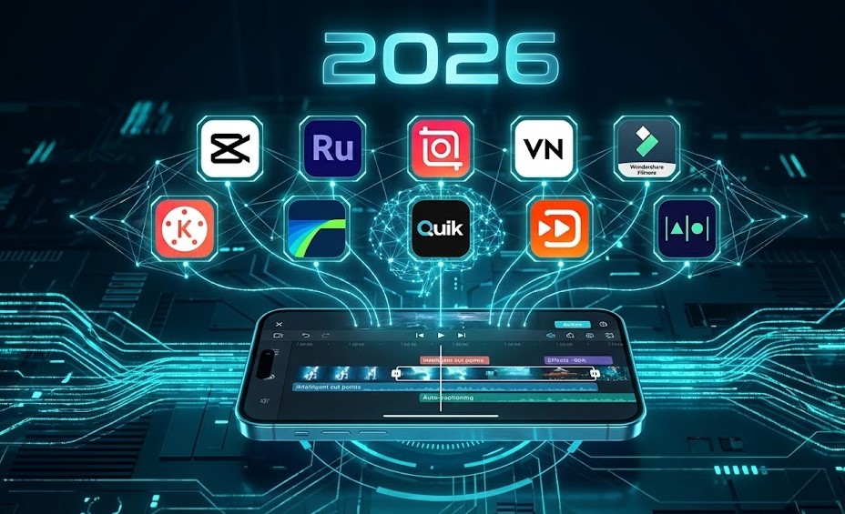Best AI video editing apps 2026 futuristic mobile video editor interface with popular editing app icons and AI technology background