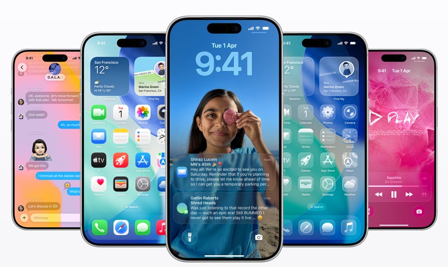 iOS 26.1 features showing Liquid Glass toggle, Apple Music gestures, and hidden security settings on iPhone