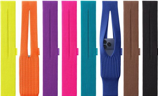 iPhone Pocket Review colorful Issey Miyake fabric phone pockets showing multiple pocket designs with an iPhone inside one slot.