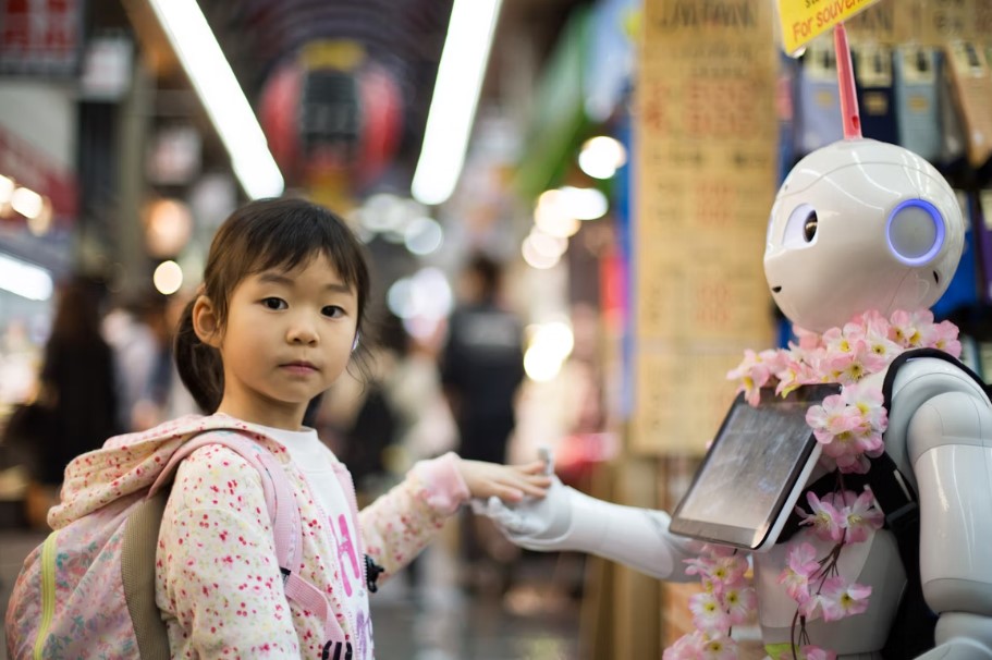 Technology Launches 2026 showing a young girl interacting with a humanoid robot in a futuristic marketplace