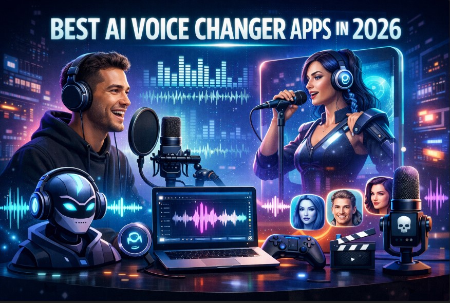 Best AI Voice Changer Apps in 2026 showing AI-powered voice transformation for creators and gamers