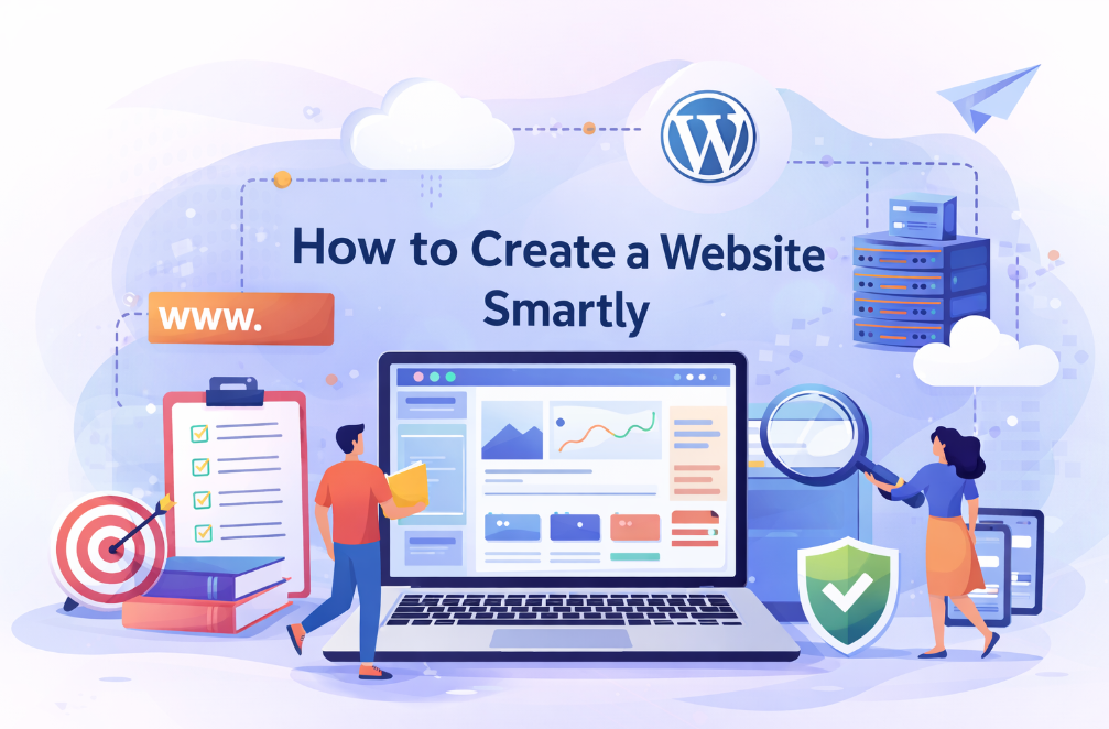 how to create a website smartly showing step by step website building process with domain hosting wordpress and seo setup