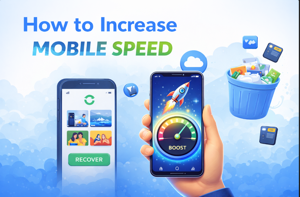 How to increase mobile speed showing smartphone performance boost, cache clearing, app updates, and storage optimization