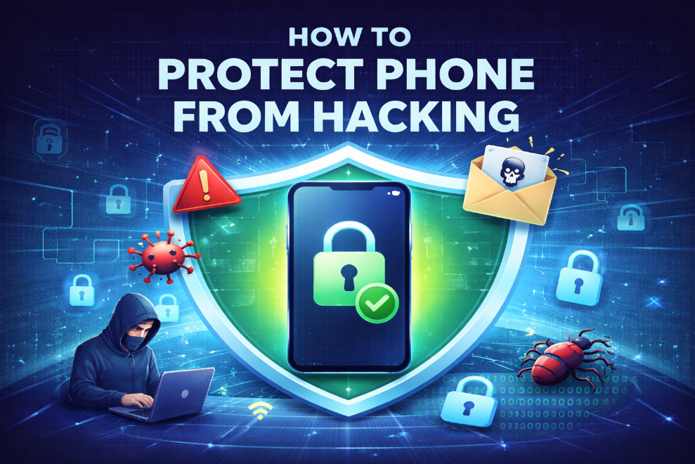 How to protect phone from hacking showing mobile security shield, malware protection, phishing alerts, and smartphone safety