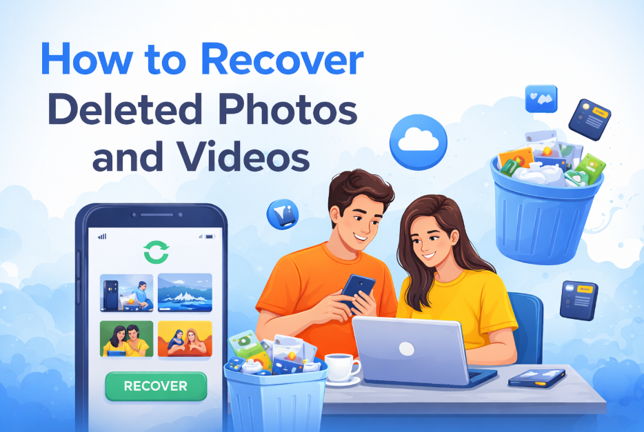 How to recover deleted photos and videos showing mobile data recovery, cloud backup, and restore options