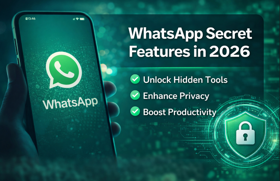 WhatsApp Secret Features in 2026 featured image showing hidden WhatsApp tools, privacy controls, AI smart reply, and multi-device options