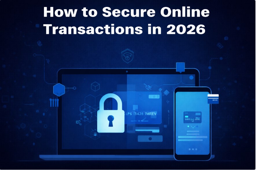 How to secure online transactions in 2026 with laptop and mobile secure payment illustration