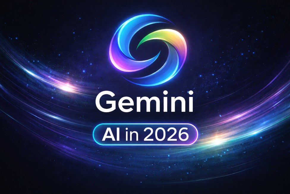 Gemini AI in 2026 futuristic artificial intelligence concept with glowing logo and digital background