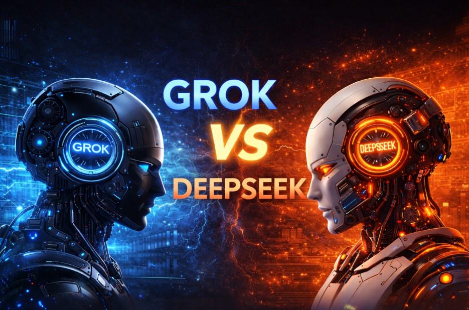 Grok AI vs DeepSeek comparison futuristic artificial intelligence battle image 2026
